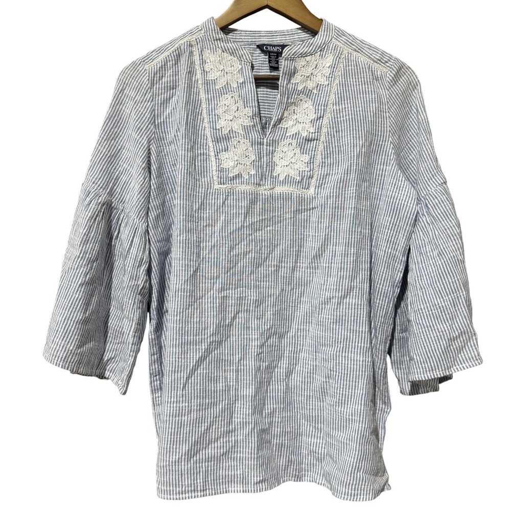 Chaps Shirt Womens Small Blue White Striped Embroidered Boho Peasant Top Tunic